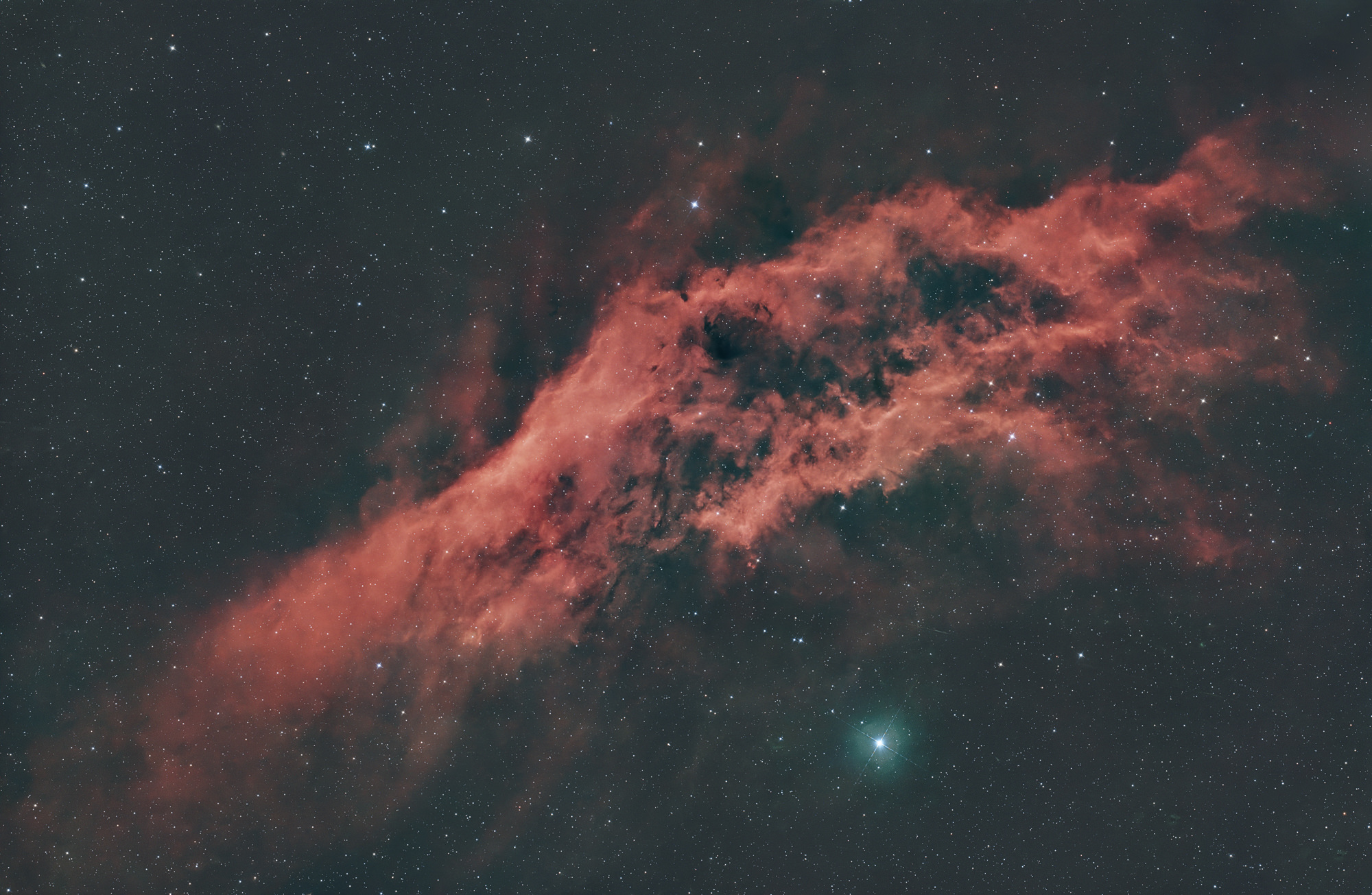 The California Nebula (NGC 1499) is an emission nebula in the constellation Perseus. It is so named because it resembles the outline of the US state of California in deepsky photos.